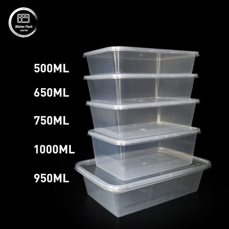 กระป๋องอาหารพลาสติกพลาสติกแบบสี่เหลี่ยม PP ใช้ครั้งเดียว ขนาดหลากหลาย 500ml ถึง 1000ml