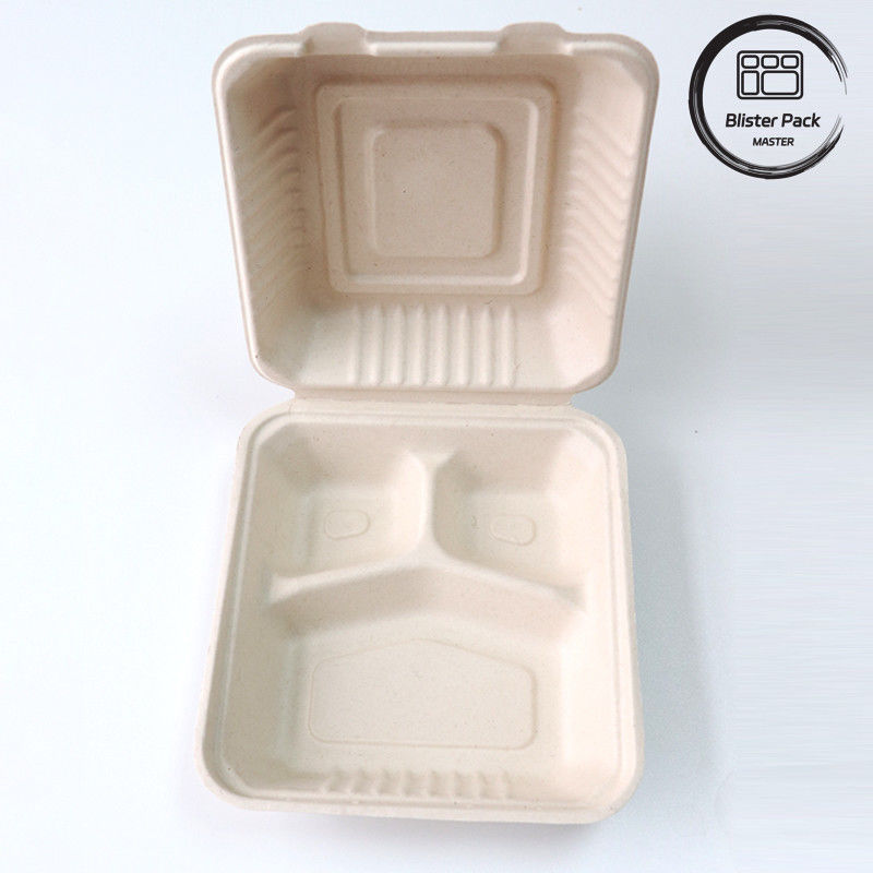 เบลสเตอร์ Eco Compostable Clamshell 3 คอมพาร์ทเม้นท์ กล่องอาหารกลางวัน 1 ครั้ง