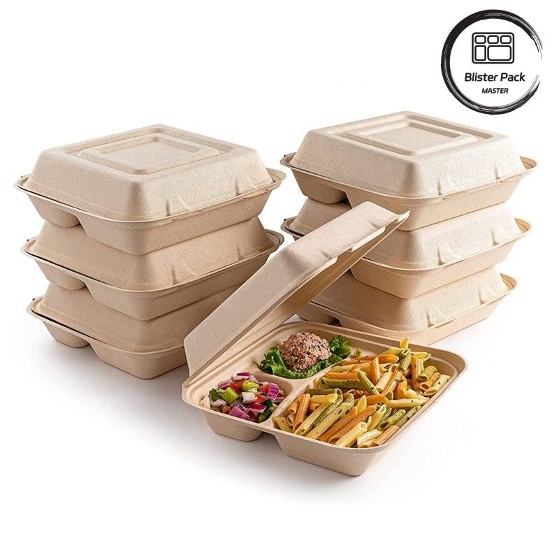 เบลสเตอร์ Eco Compostable Clamshell 3 คอมพาร์ทเม้นท์ กล่องอาหารกลางวัน 1 ครั้ง
